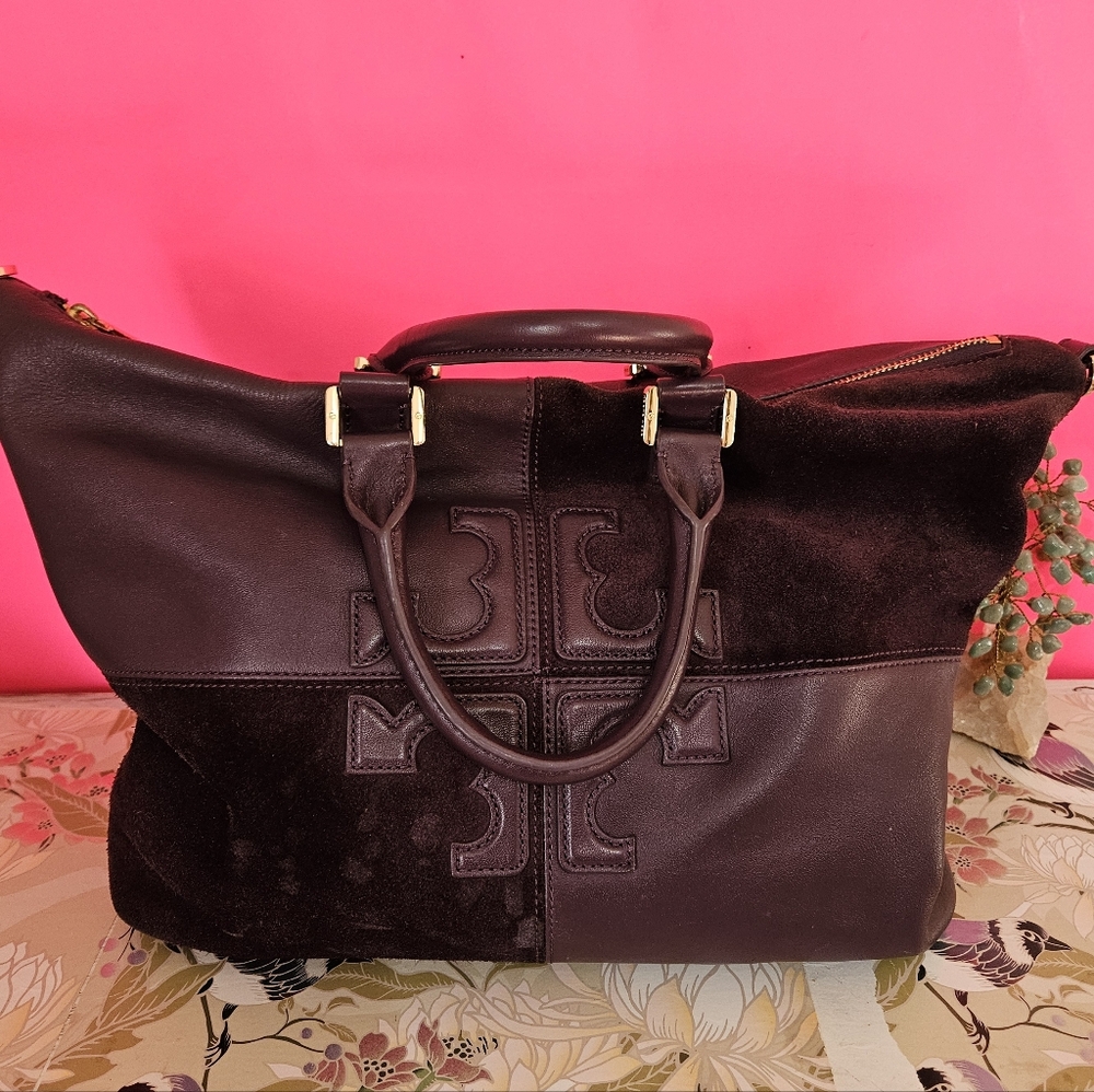 Tory Burch 'Natalie' Satchel Leather & Suede Purple Tote Large - Picture 8 of 8